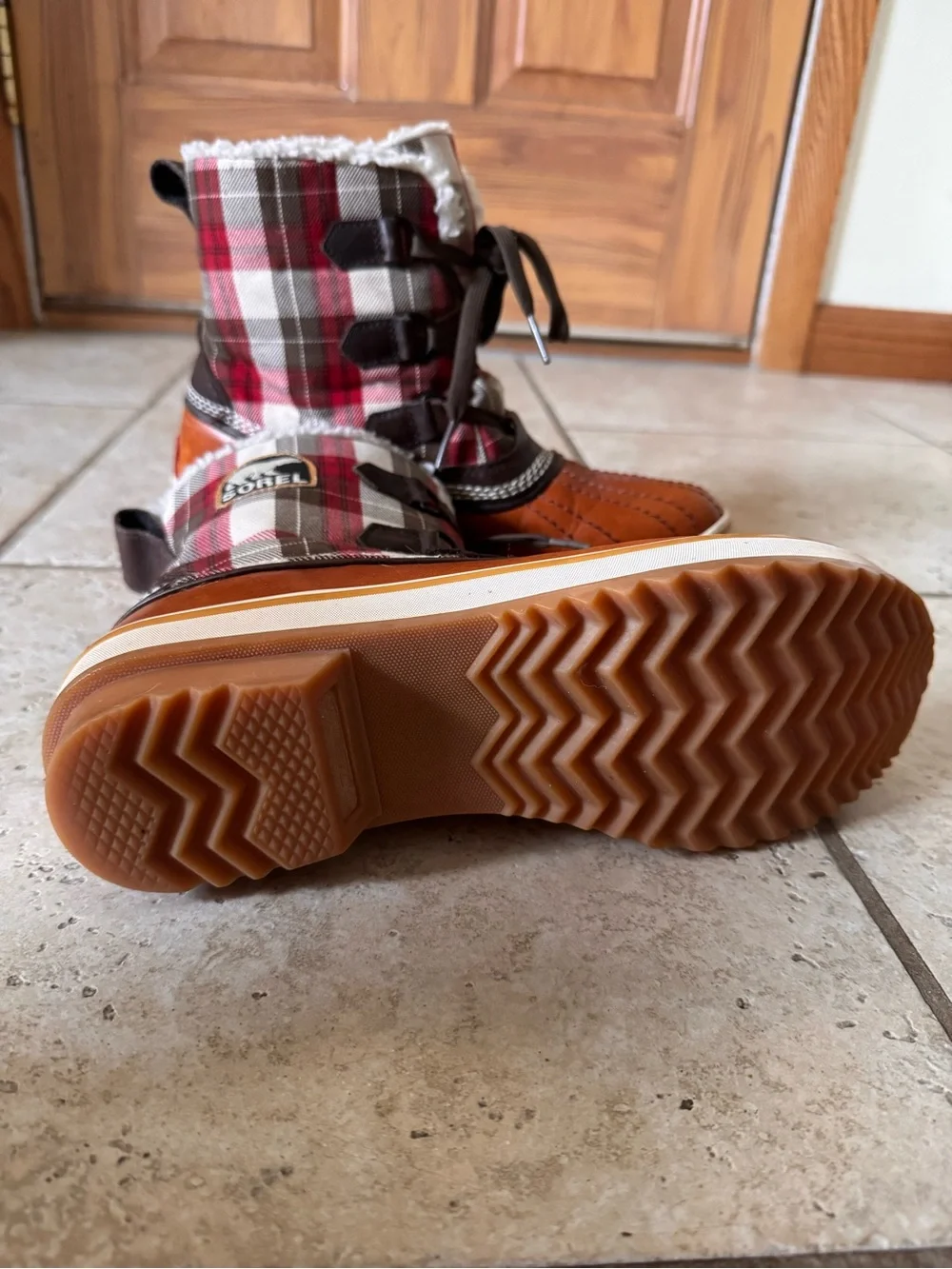Sorel Brown Leather & Red Plaid Kids Winter Boots